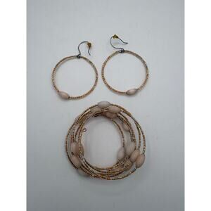 Beach Coquette Peach Beaded Shell Wrap Bracelet & Dangle Hoop Earrings Set